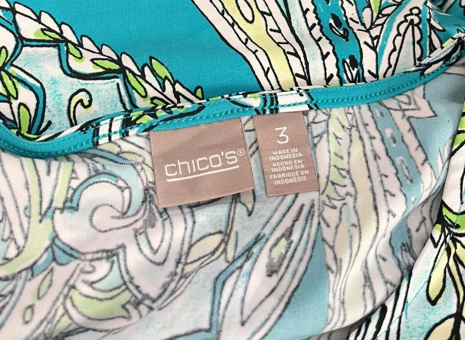 Vestido recto Chico's para mujer talla 3 verde azulado estampado cachemir cuello redondo manga corta Foto 3 de 3