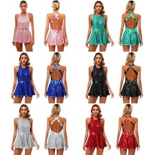 Womens Leotard Gymnastic Dress Bowknot Bodysuit Costume Dancewear Criss Cross