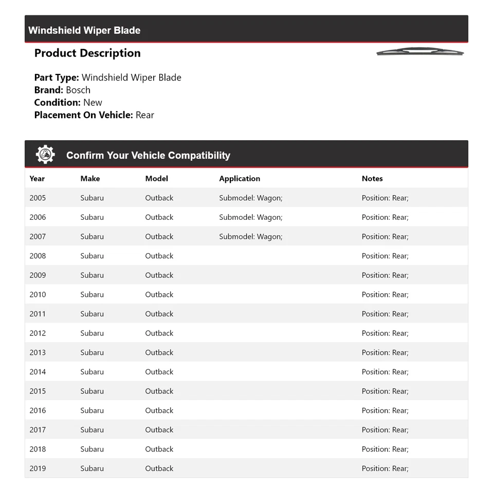Limpiaparabrisas trasero para Subaru Outback Bosch 2005-2019 2006 2007 2008 Foto 2 de 4