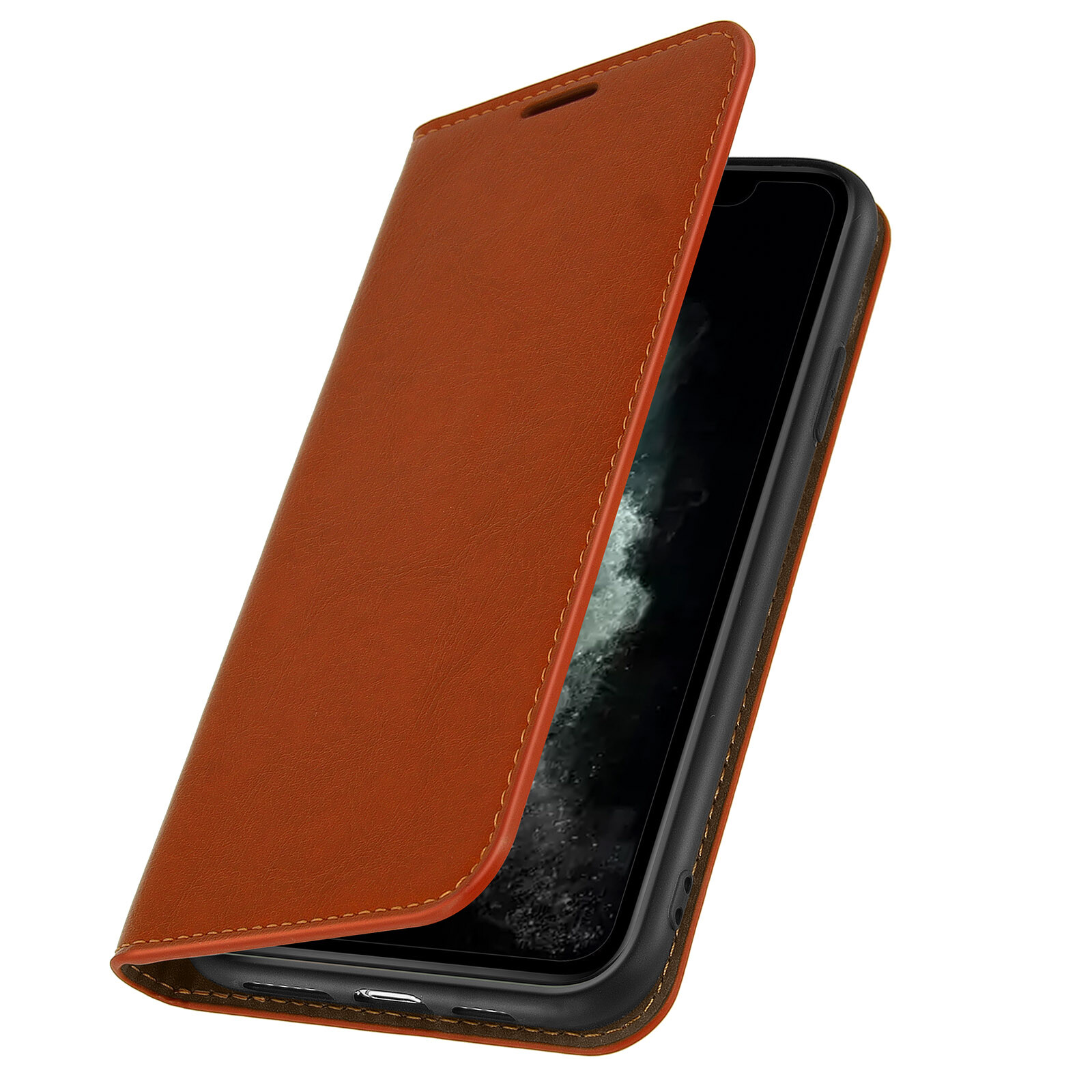 Folio Real Leather iPhone 11 Pro Max Case Card-holder Video Stand Tan