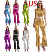 US Women 70s Disco Costume Color Block Bodysuit Rave Club Wear Sparkle One-piece
