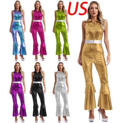 US Women 70s Disco Costume Color Block Bodysuit Rave Club Wear Sparkle One-piece