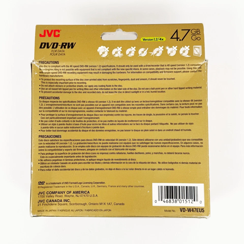 JVC DVD-RW 5-Pack 4.7GB Data High-Speed 4X Disc VD-W47EU5 - Image 3 of 3