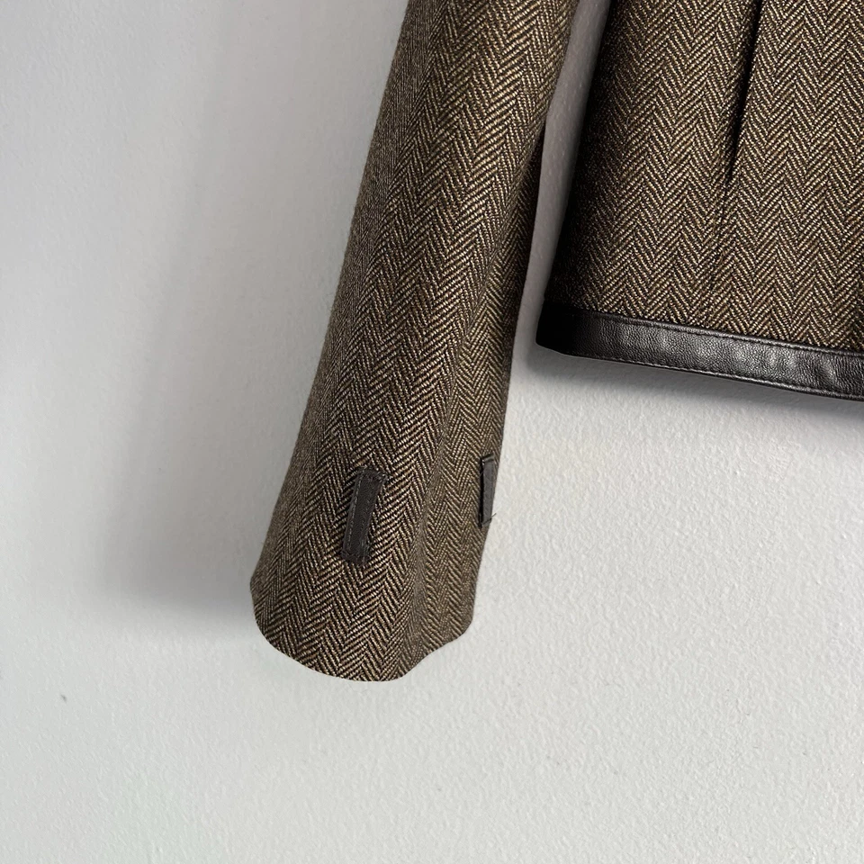 Chaqueta Blazer Lord & Taylor Mujer 100% Lana Con Borde de Cuero Cremallera Marrón Talla 8 Foto 3 de 4