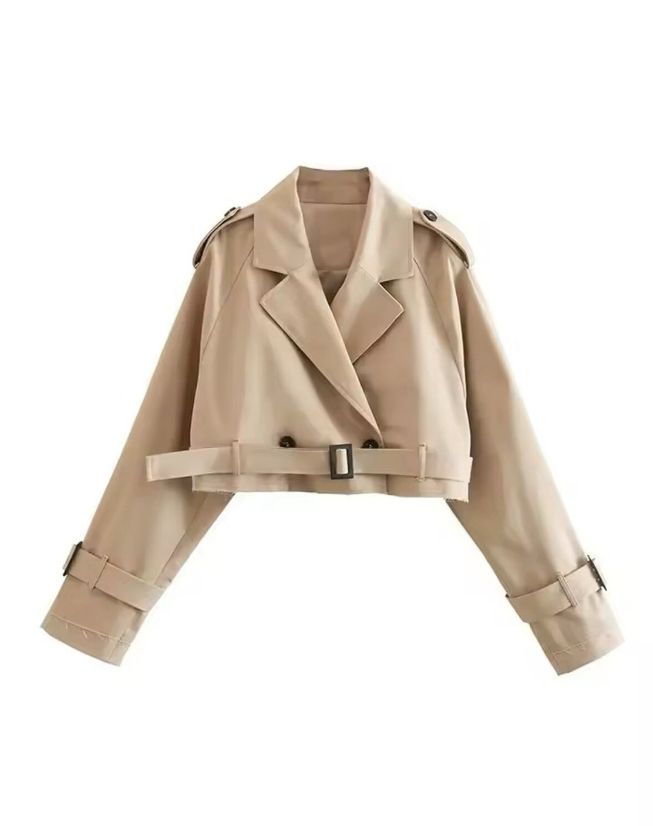 Zara Style Cropped Trench Jacket Double Breasted Belted Brown Coat