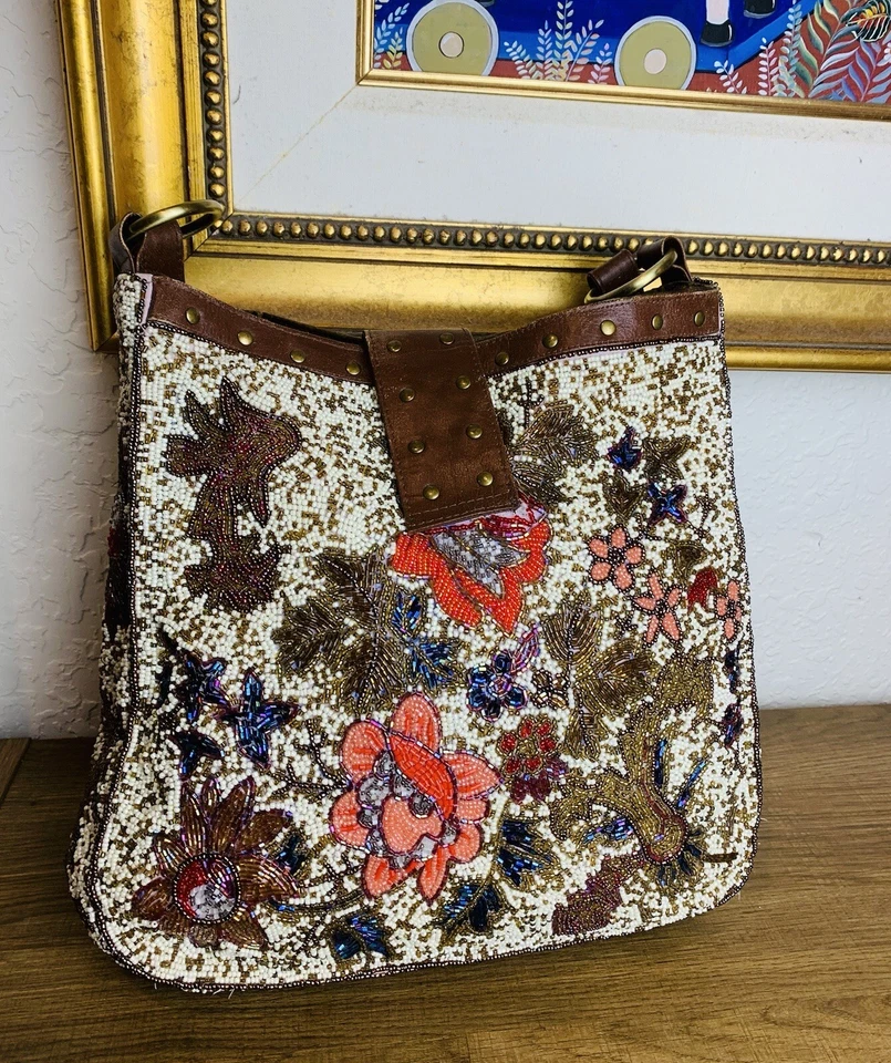 VTG Christiana Glass Hand Beaded White Earthtones Shoulder Bag Large Crossbody - Image 2 of 4