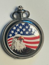 Patriotic Bald Eagle Superimposed on American Flag Pocket Watch  Chain