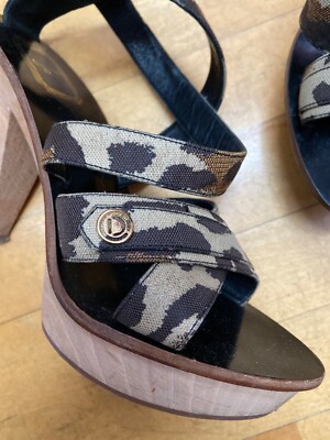 WILD CHILD Christian Dior Leopard Animal Print Strappy Wood Heels Size 39 