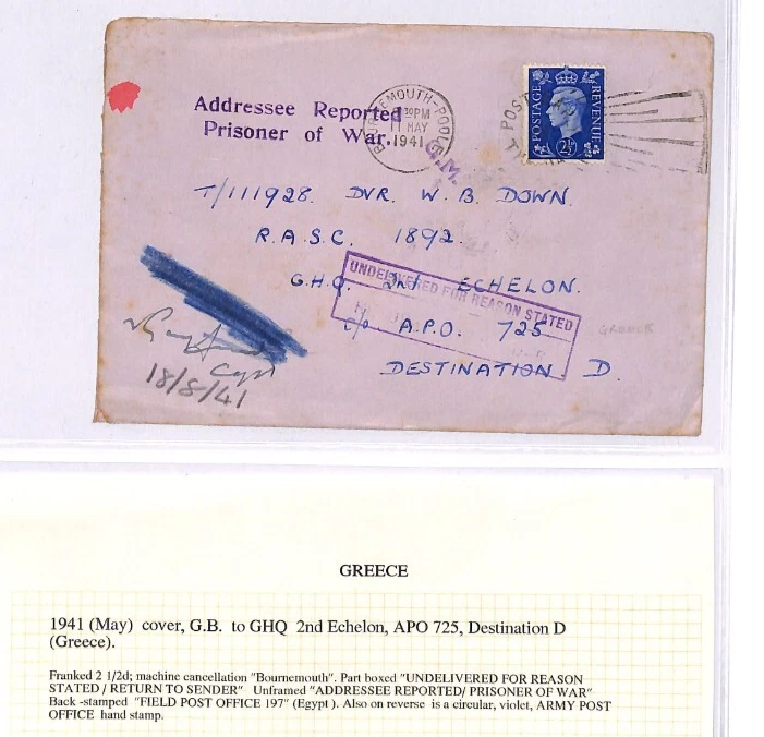 GB WW2 RETOUR Cover GREECE *APO.725* DESTINATION D 1941 via Egypt XD110 - Image 4 of 4