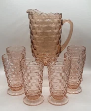 VINTAGE INDIANA WHITEHALL COLONY GLASS PEACH/PINK 8 1/2" PITCHER & 6- 6" GLASSES