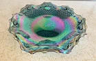 Vintage Iridescent Carnival Glass 10" Indiana Blue Diamond Point Ruffle Bowl