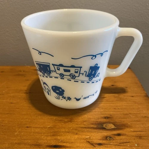 Vintage Pyrex Child's Milk Glass Mug Turquoise Train