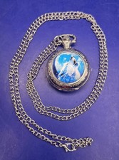 Silver Tone Howling Wolf  Moon Small Quartz Pocket Watch w/Chain WORKS     