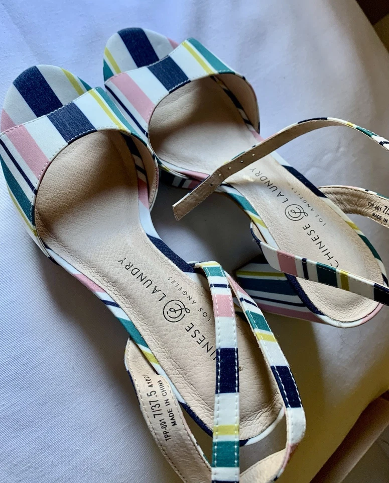 Sandalia china a rayas de lavandería gruesa plataforma bloque correa para el tobillo estilo retro talla 7 Foto 3 de 4