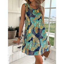Womens Knee-Length Dress Tropical L Floral Sleeveless Round Neck A Line Fall New