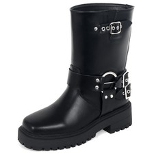 Womens Mid Calf Boots Chunky Platform Short Biker Boots Combat Style Punk Boots