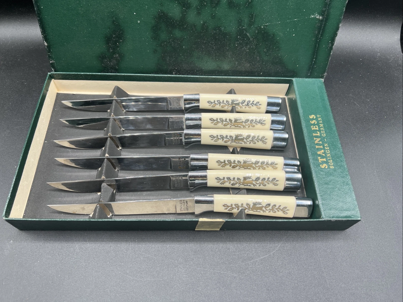 Vintage SOLINGEN Germany Stainless 6 Micro Serrated Knives Deer and Holly Design