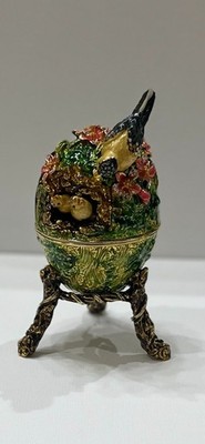 Keren Kopal Trinket Box   Bird Nest Style Egg - Enamel, Crystals, Gold Plated