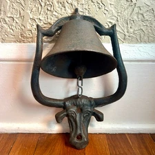 Antique Cast Iron Longhorn Wall Bell – Mexico Marked, Rustic Western Decor