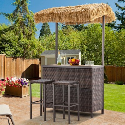 Wicker Outdoor Tiki Bar Set with 2 Stools & Storage Shelf for Patio & Poolside