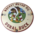 Vintage Rocket Motor Oil Sign - Donald Duck Gas Station Pump Porcelain Sign