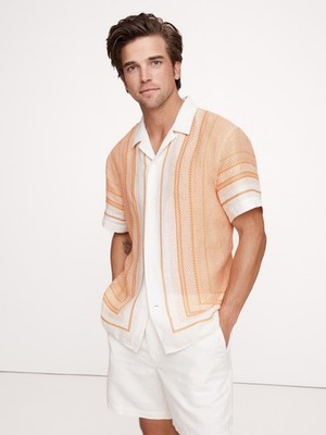 Banana Republic Standard Fit Linen Resort Shirt M Medium | Orange Print NEW