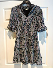 Elan Women’s Paisley Chiffon Mini Dress Black/White/Pink Ruffle Sleeve Sz S