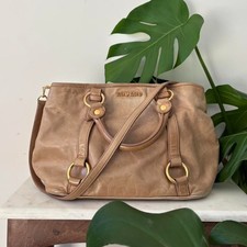 Authentic Miu Miu Vitello 2Way Beige Tan Leather Shoulder Tote Bag with Strap