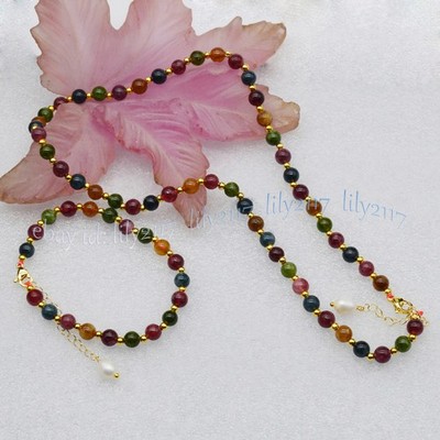 6mm Natural Multicolor Tourmaline Round Gemstone Beads Neckalce Bracelet Set