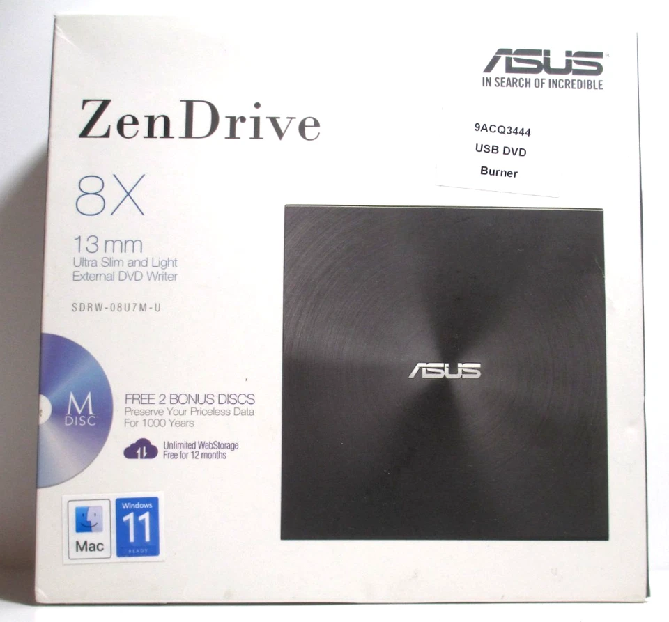 Grabadora de DVD externa ultra delgada y ligera Asus ZenDrive 8X 13 mm SDRW-08U7M-U Foto 4 de 4