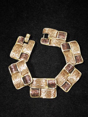 Vintage Brown Textured Rectangle Color Block Panel Chain Bracelet 7.5 inch