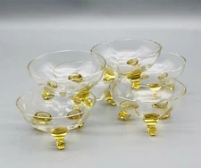 Vintage Optic Clear Glass with Citrine Yellow Blown Feet Nut Cup Salt Dip Set 6