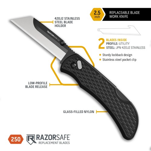 Outdoor Edge 2.5" Razor Work Replaceable Blade Utility Knife 2 Blades RazorWork - Picture 2 of 2