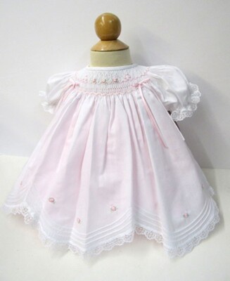NWT Will'beth White Pink  Lace Smocked Bishop Dress Newborn Baby Girls 0