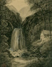 Antique Ink Original Drawing Waterfall, Landscape, Trees