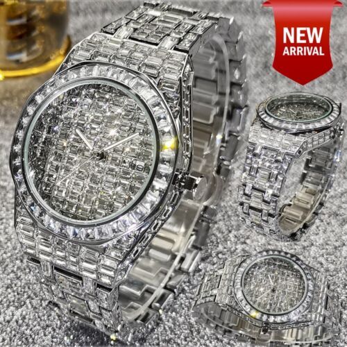  Herren maßgeschneiderte Volleisuhr Iced Cz Edelstahl Silber Gold Bling Rund - Bild 1 von 15