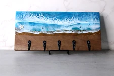 Wood Ocean Wave Art Key/Leash Holder, Beach Waves, Resin Wall Art Decor