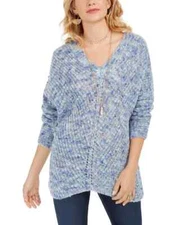 Style & Co V-Neck Dolman-Sleeve Textured Acrylic Knit Cozy Sweater  - M - Blue