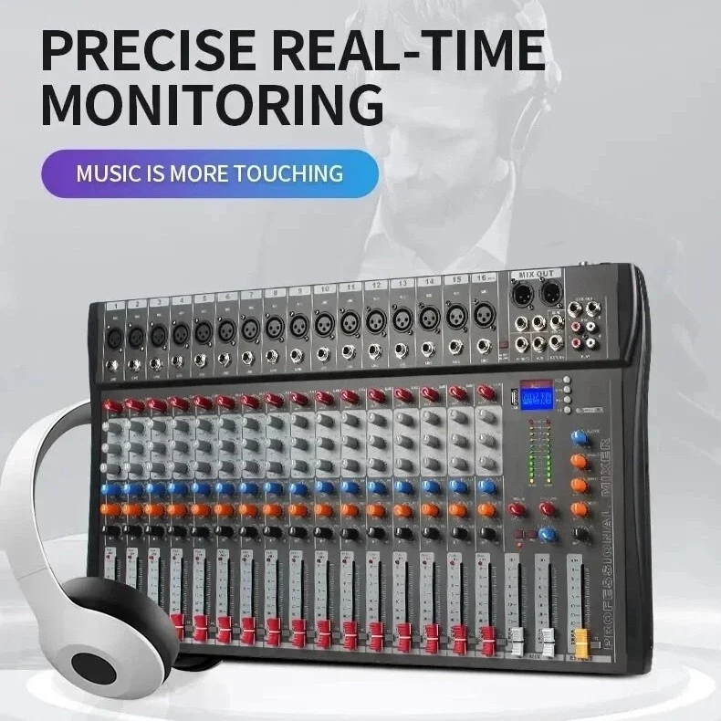 JIY 16 Channel Audio Mixer LCD Bluetooth Sound Console DJ Live Stereo Mixing USB - Image 4 of 4