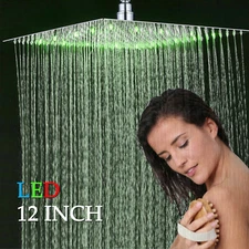 Stainless Steel LED Rain Shower Head High Pressure 12 in Square Top Spray Chrome