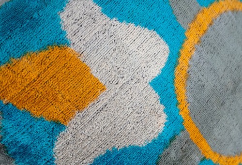 Handmade Velvet Throw Pillow with Blue, Yellow, and Gray Geometric - 20"X20" - Picture 4 of 6