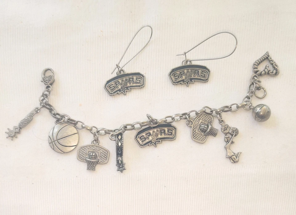  Conjunto de pulsera, pendientes y prendedores San Antonio SPURS NBA en buen estado Foto 2 de 4