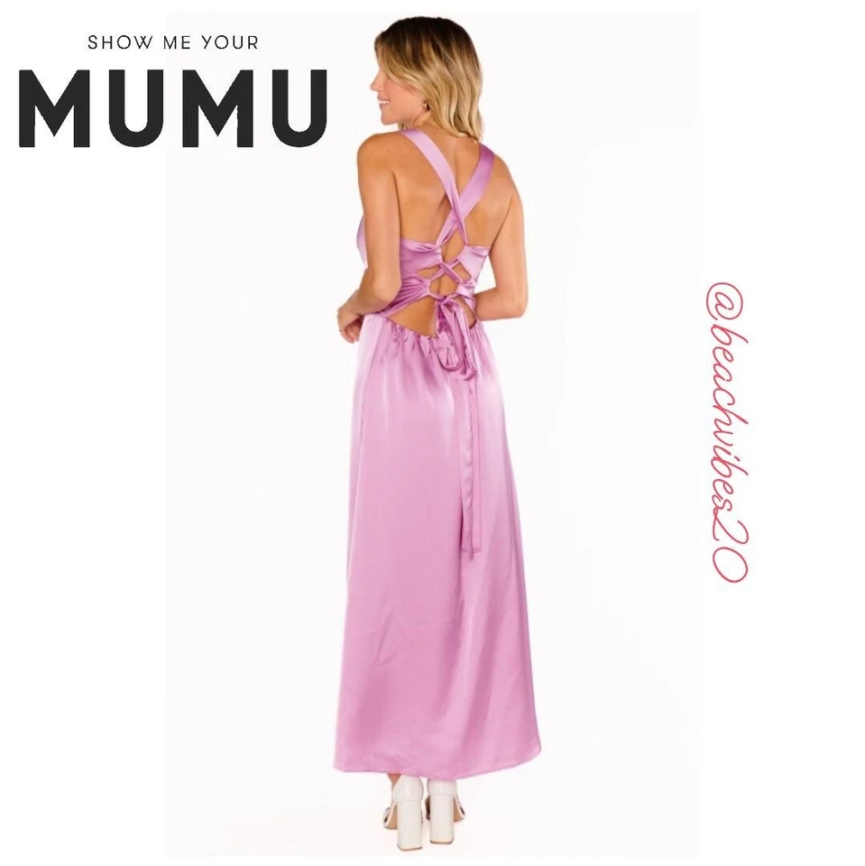 Vestido SHOW ME YOUR MUMU Mina Midi Púrpura Rosa Lujo Satén Mediano Nuevo con Etiquetas O-164 Foto 3 de 4