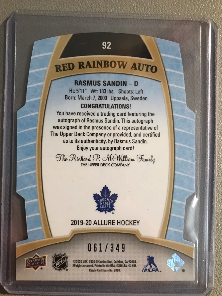 RASMUS SANDIN/ZACH SENYSHYN ALLURE RED RAINBOW AUTOS..61/349 152/349..2 CARD DE - Image 4 of 4