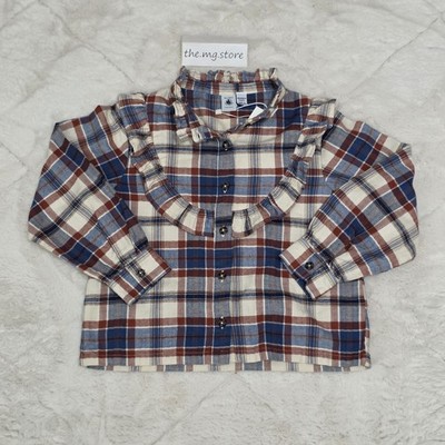 Petit Bateau Girl's Plaid Blouse Ruffle Plaid Multicolor Sz 8years  / 128cm