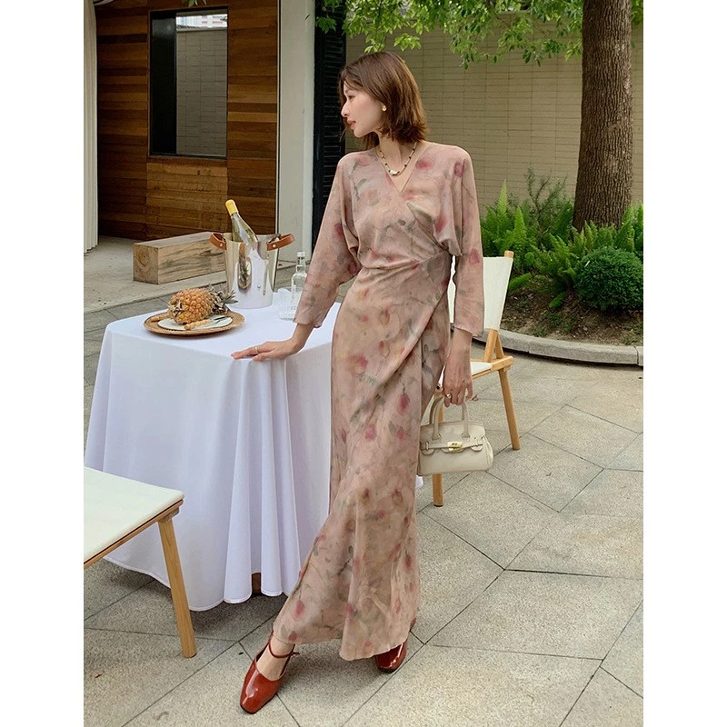 Vestido largo envolvente estilo francés para mujer cuello en V 100 % seda morera seda verano talla Foto 3 de 4