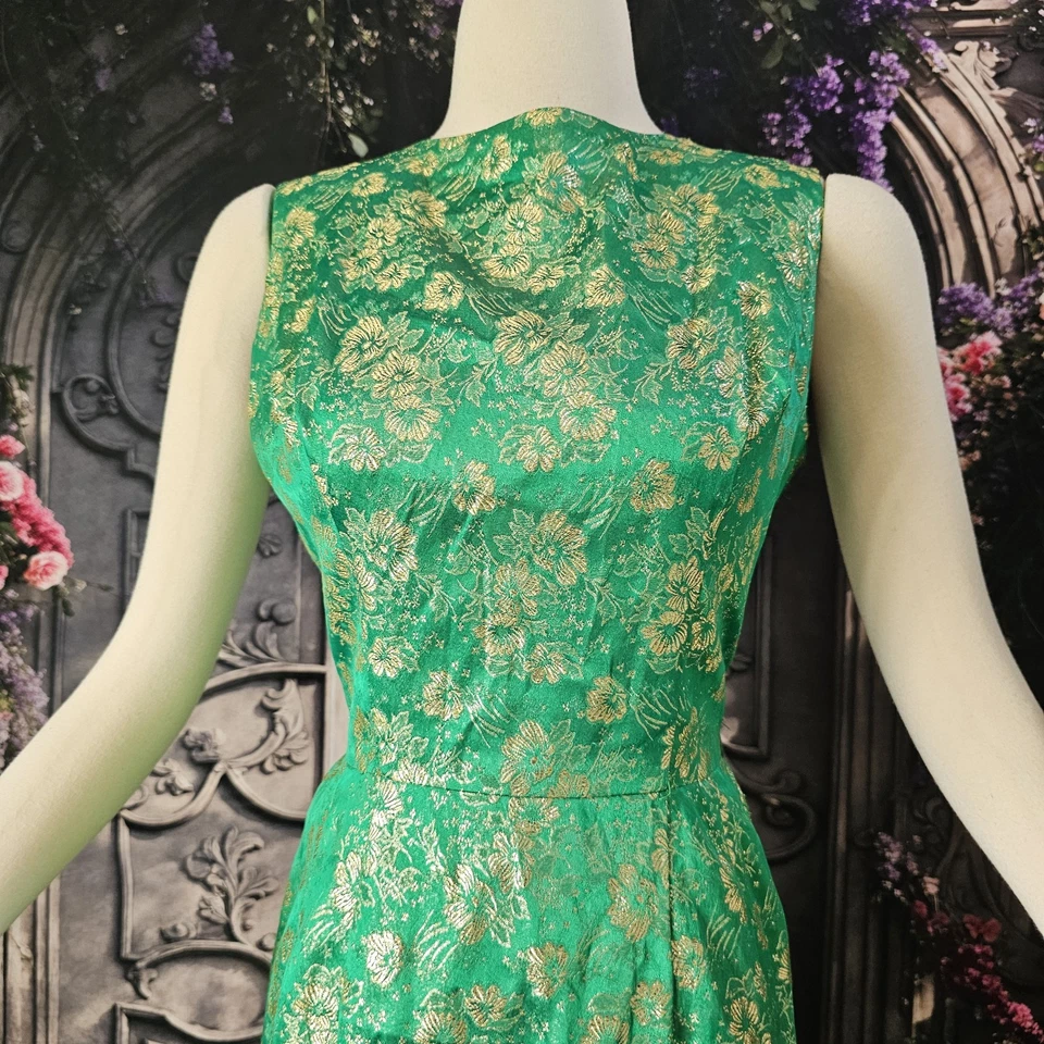 Vintage 1960's Dress Brocade Green Gold Floral Sleeveless - Image 3 of 4