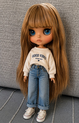 Neo Blythe Doll Brown Hair Matte Face Natural Soft Lips Tan Skin BJD Custom OOAK