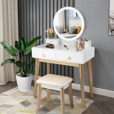 NNECW Dressing Table Stool Set with Makeup Mirror for Bedroom-White