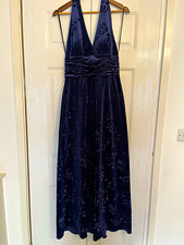 Bernshaw Navy Floral Satin Halter Maxi Dress Ruched Adjustable Size 14